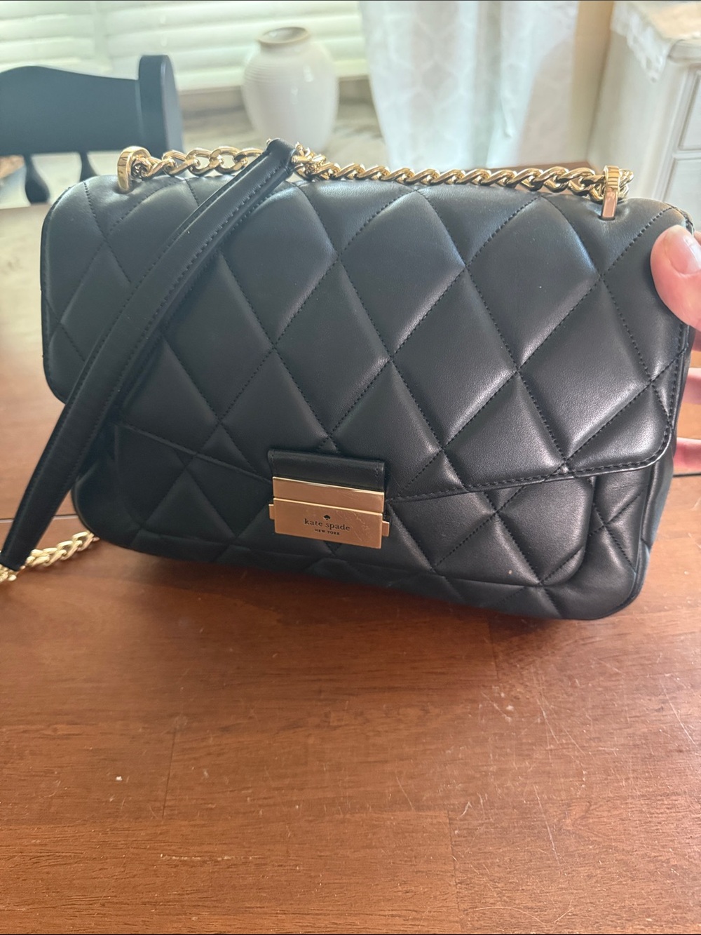 kate spade Black Quilted Leather Shoulder Bag with Gold Chain
